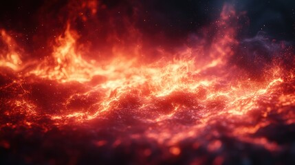 Fiery orange and red flames burning intensely across dark surface, with embers and sparks.