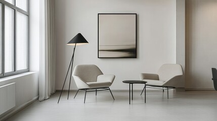 Modern minimalist living room with two armchairs, floor lamp, and artwork.