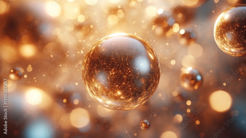 Wall mural abstract golden spheres floating in bokeh background.