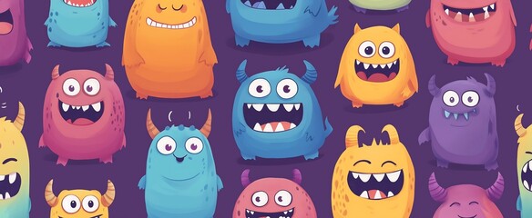 Obraz premium Colorful seamless cartoon monsters funny facial expression cute pattern, illustration, drawing, wallpaper