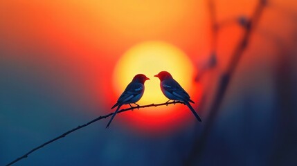 Two birds perched tenderly on a thin branch, framed by a fiery orange-red sun transitioning into cool blue dusk tones.