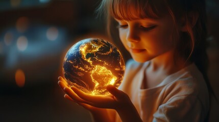 Naklejka premium A girl gently holds a glowing globe, symbolizing hope and connection to the world. Save the planet concept.