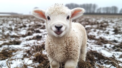 Obraz premium Adorable lamb smiles in snowy field.