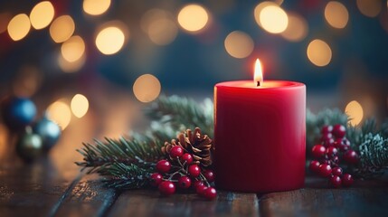 A red candle sits on a wooden table, surrounded by Christmas decorations and bokeh lights in the background. 