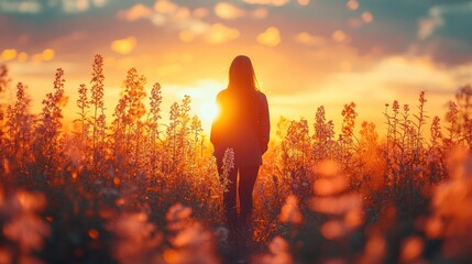 Silhouetted woman in a field of flowers at sunset.
