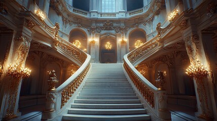 Obraz premium A grand staircase in an ornate hall with elegant chandeliers and intricate details.