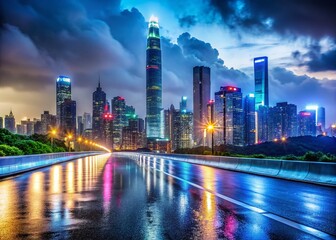 Obraz premium Shenzhen Night Skyline Panoramic: Rain-Washed Highway & Modern Architecture