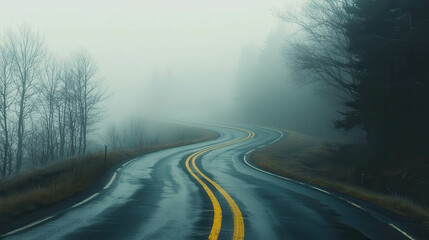 Winding Road Fading Into Dense Fog with Vivid Yellow Lines and Serene Atmosphere