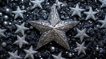 A silver ster ornament with intricate details and surrounding Christmas stars, photographed against a softly blurred background, creating a sparkling, festive holiday mood.