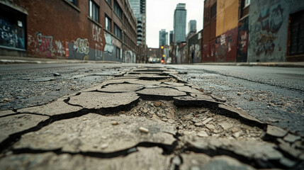 Worn and Cracked Street in Urban Area with Graffiti and Cityscape in Background