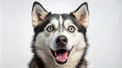 Fototapeta premium Shocked Husky Dog, Extreme Close Up, Funny Pet, Wide Eyes, White Background, Surprised Puppy