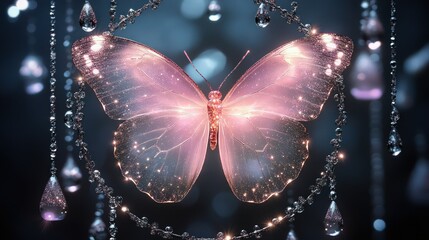 A translucent butterfly with glowing pink wings and glitter details, framed by a sparkling ring with hanging droplets and smaller ornaments.