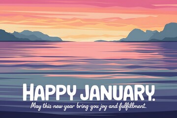 Serene Sunset Landscape Happy New Year January Greeting