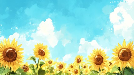 Watercolor design of a sunflower field with a bright blue sky overhead.--ar 16:9