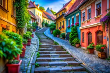 Fototapeta premium Sibiu Steps Tilt-Shift Photography: Charming Romanian Cityscape, Miniature Effect, Cobblestone Streets, Medieval Architecture, Romantic Travel Destination