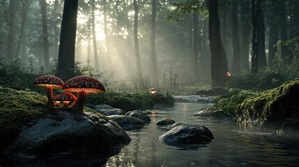 Magical forest stream with mushrooms and sun rays.