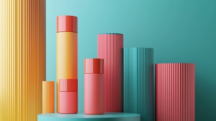 Obraz premium Colorful cosmetic containers on teal platform with textured columns.