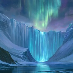 Frozen Waterfall Under the Aurora Borealis: A mesmerizing digital painting captures the beauty of a frozen waterfall bathed in the ethereal glow of the Northern Lights.