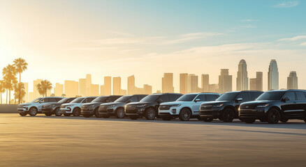 Various cars in multiple colors are parked neatly side by side in a parking lot under overcast weather conditions
