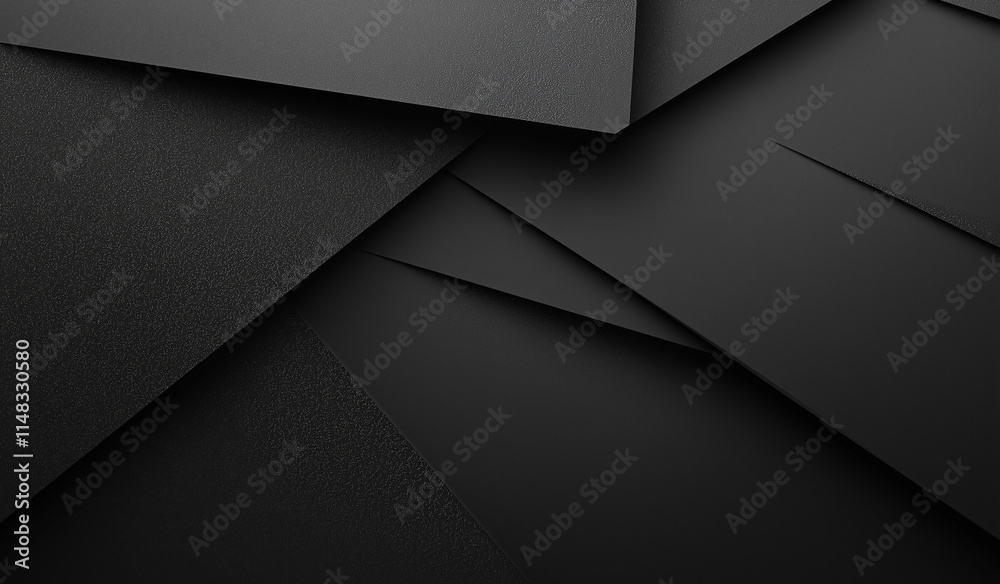Poster Image features overlapping dark gray and black rectangular shapes creating an abstract geometric pattern with subtle shadows and depth. Modern, minimalist design. 3d rendered 