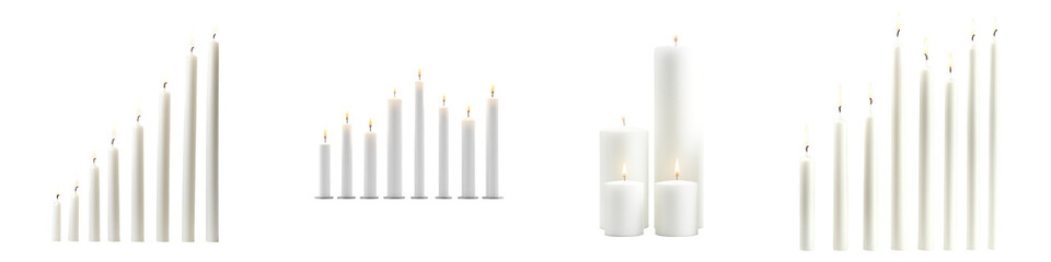Set of white candles arranged small to tall isolated on transparent background