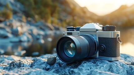 Vintage camera rests on rocks by a tranquil lake at sunset.