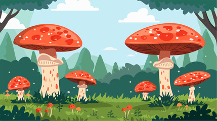 Serene Mushroom Meadow with Lush Trees in Beautiful Natural Scenery