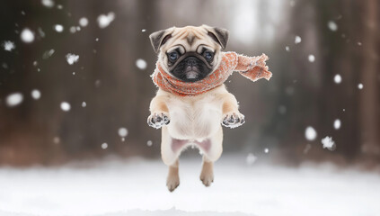 This playful pug puppy leaps through the snow, its paws outstretched, wearing a cozy scarf amidst softly falling autumn leaves
