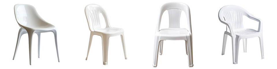 Set of white plastic chairs isolated on transparent background