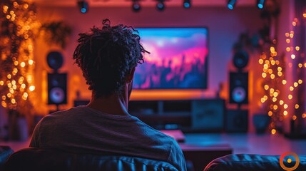 Man enjoys home theater system, watching concert on large screen TV with vibrant lighting.
