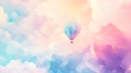 Naklejka premium Watercolor design of a whimsical hot air balloon floating in a pastel sky.--ar 16:9