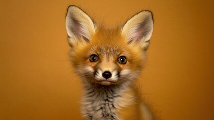 Obraz premium Adorable red fox kit portrait against a warm orange background.