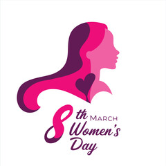 Happy Women's Day greeting card with a woman’s face design on a pink background. Features text 8th March International Women's Day. for gift cards and celebration themes.