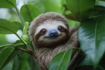 Naklejka premium Adorable baby sloth peering from lush green foliage.