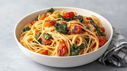 A steaming bowl of spaghetti with tomatoes and spinach, garnished with herbs, showcasing a delicious and healthy dish.