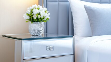 A luxurious glass nightstand with chrome accents, a modern decorative piece 