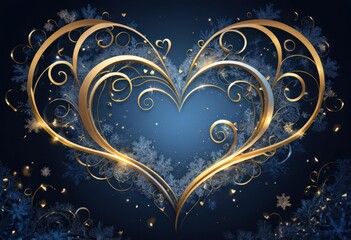 Golden heart-shaped swirls with snowflake patterns on deep blue background.