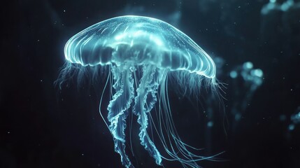 Glowing jellyfish underwater, dark background.