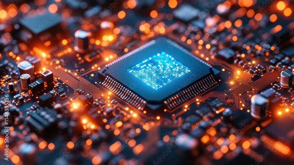 Wall mural close-up of a glowing central processing unit on a circuit board.