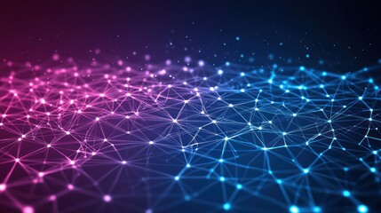Abstract digital network connection, glowing pink and blue nodes linked by lines on dark background.
