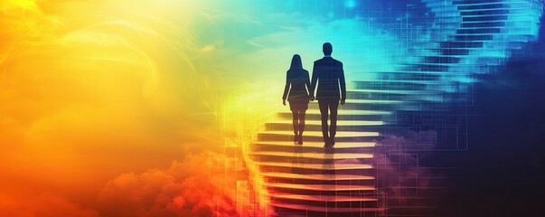 Fototapeta premium A couple walks hand in hand up colorful, ethereal stairs, symbolizing a journey towards enlightenment or a new beginning.