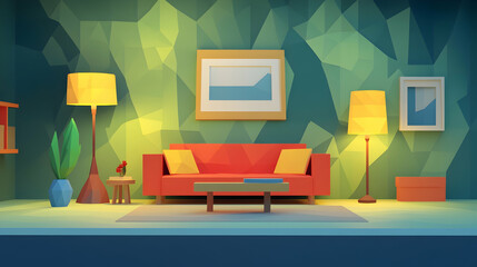 Low-poly living room, night scene, cozy sofa, geometric wall, interior design.