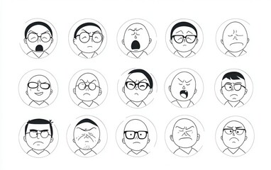 A collection of simple line drawings in circular frames, featuring Japanese-style characters expressing emotions like anger or sadness through their body language. 