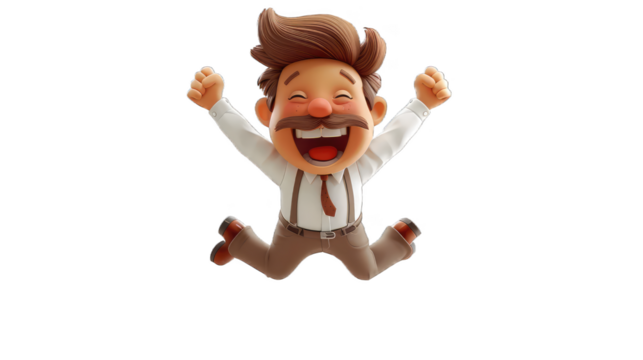 A cartoon man is jumping in the air with his mouth open
