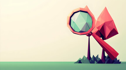 Low-poly magnifying glass searching amidst trees, on a minimalist background, for website banners.