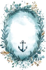 Elegant watercolor anchor framed by lush foliage a serene nautical art piece for home decor inspiration © Phansika