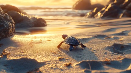 A baby turtle crawls across the sandy beach towards the ocean during a beautiful sunset. Save the planet concept.
