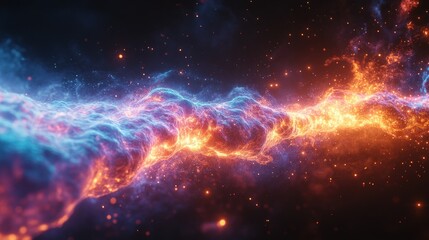 Abstract fiery and icy energy stream flowing through dark space with sparks.