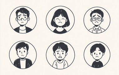A series of simple line art illustrations with circular shapes and white backgrounds, featuring Japanese-style characters in different emotional states such as anger and sadness. 