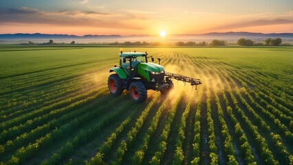 Aerial Drone View of Tractor Applying Pesticides on a Green Soybean Farm at Sunset. Illustration of generative AI
